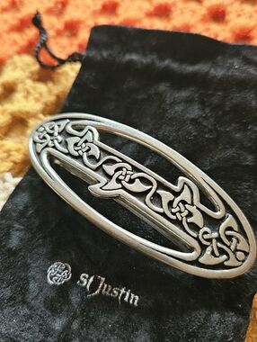 1994 St. Justin Pewter Celtic Knot Ivy Leaf Vintage Hairslide Barrette W/ Bag